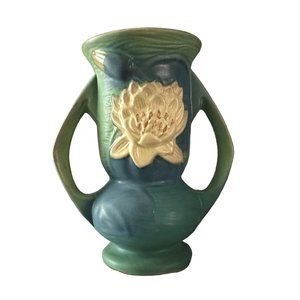REPRODUCTION Roseville Pottery Water Lily Pattern Green 2 Handled Vase - 74-7"